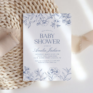 Invitation Dusty Blue Vintage Floral Chinoiserie Baby shower