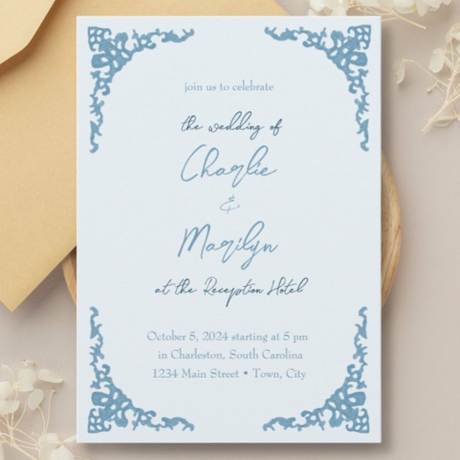 Invitation Dusty Blue vintage mariage (Créateur téléchargé)