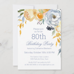 Invitation Dusty Blue Watercolor Floral 80e fête d'anniversai