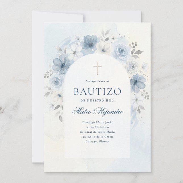 Invitation Dusty Blue Watercolor Floral Arch Boy Bautizo (Devant)