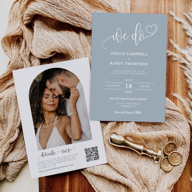 Invitation Dusty Blue We Do Boho Mariage QR Code Arch Photo (Créateur téléchargé)