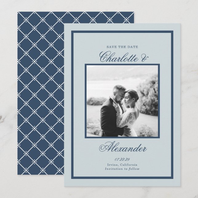 Invitation Dusty Blue Wedding Classic Script Save the Date (Devant / Derrière)