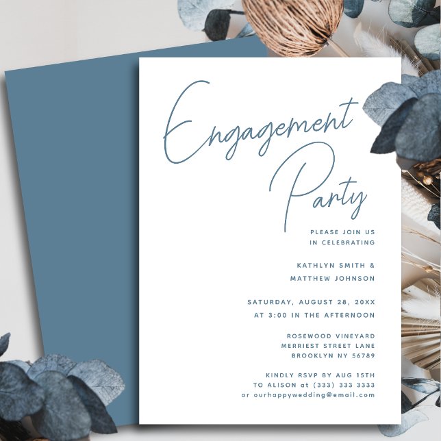 Invitation Dusty Blue Whimsical Script Chic Engagement Party (Créateur téléchargé)