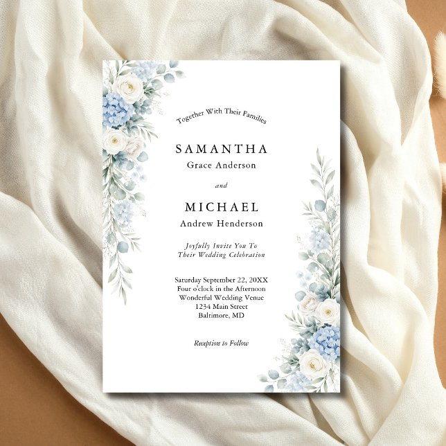 Invitation Dusty Blue White Cream Florals Wedding (Dusty blue and cream white watercolor florals modern elegant wedding invitation)