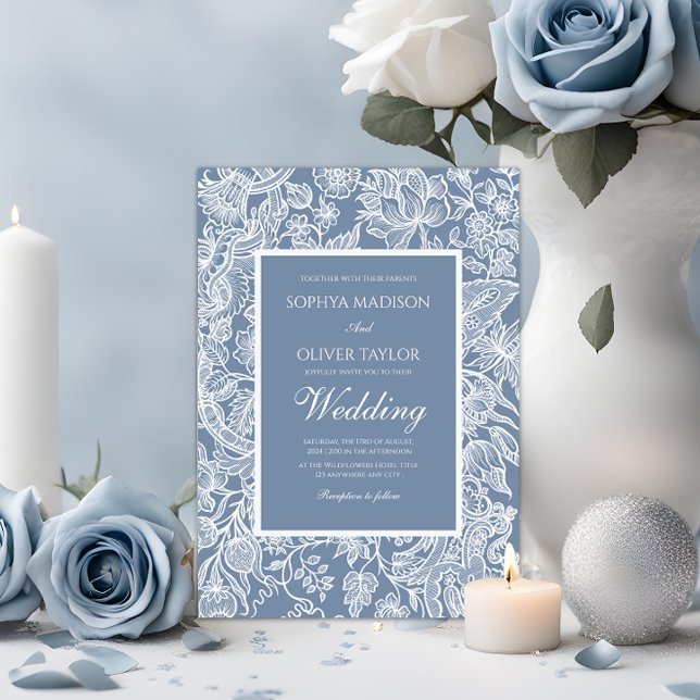 Invitation Dusty Blue White Line Art Floral Botanique (Créateur téléchargé)