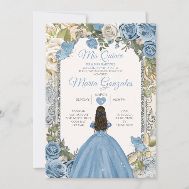Invitation Dusty Blue & White Mis Quince 15 Anos Argent Crown (Devant)