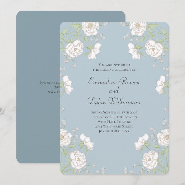 Invitation Dusty Blue White Rose Wedding (Devant / Derrière)