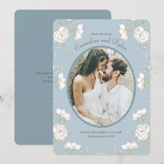 Invitation Dusty Blue White Rose Wedding Photo Save the Date (Devant / Derrière)
