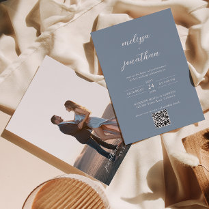 Invitation Dusty Blue & White Script Photo QR Code Mariage