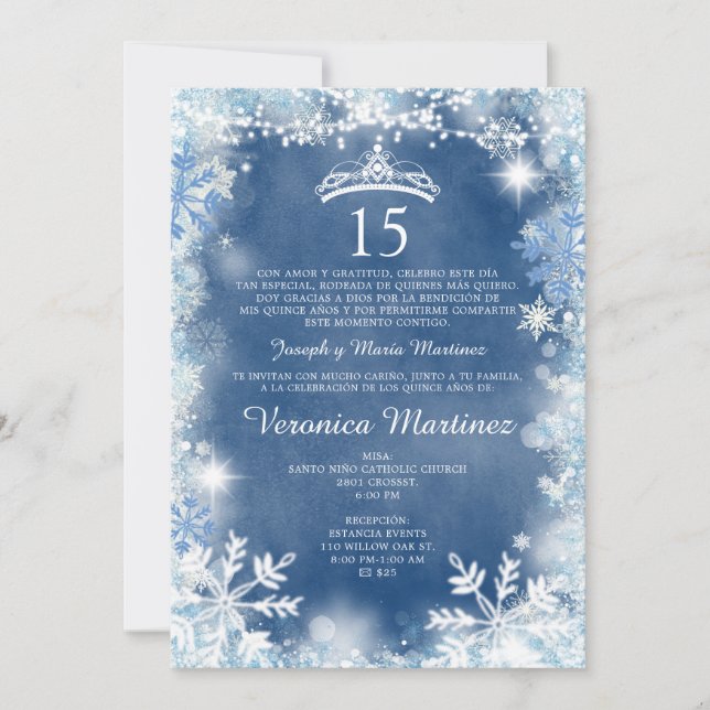 Invitation Dusty Blue & White Winter Spanish Girl 15 Ans (Devant)