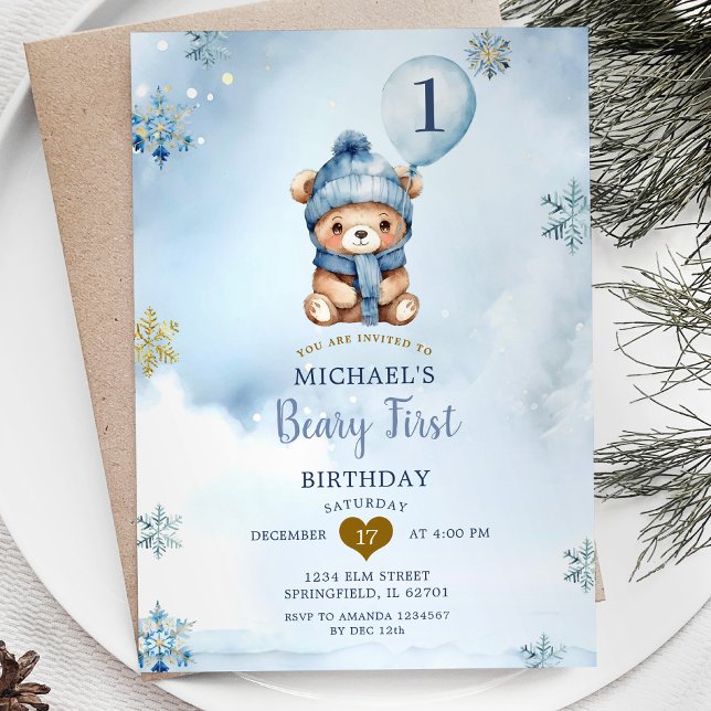 Invitation Dusty Blue Winter Beary Premier Anniversaire Snowf (Créateur téléchargé)