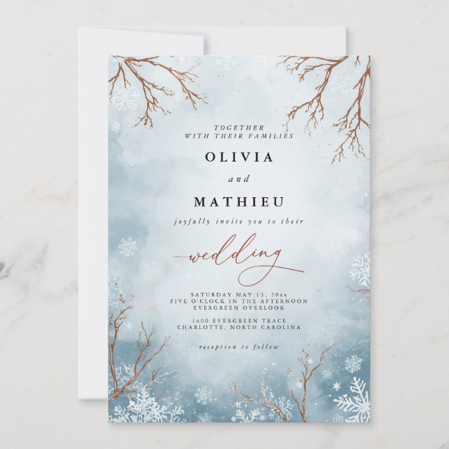 Invitation Dusty Blue Winter Branch Floral Mariage (Devant)