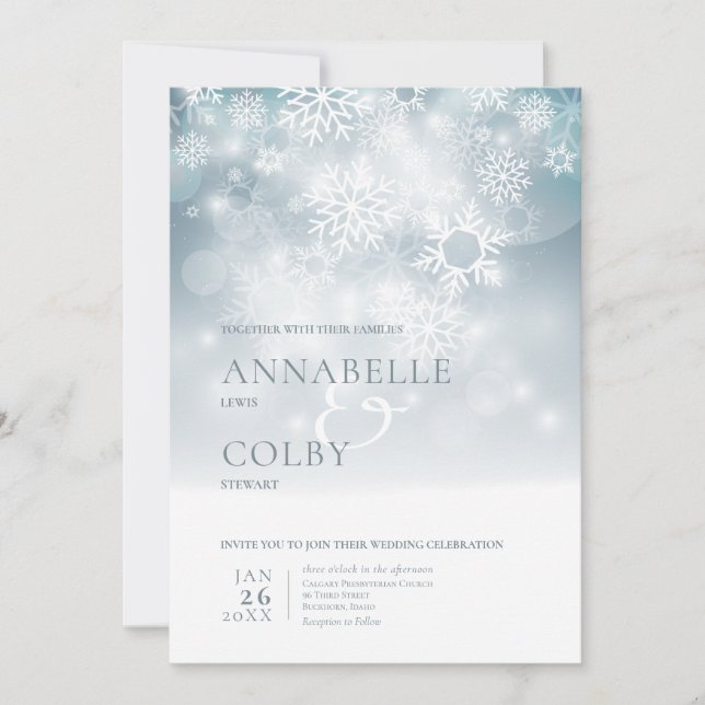 Invitation Dusty Blue Winter Snow Modern Wedding (Devant)