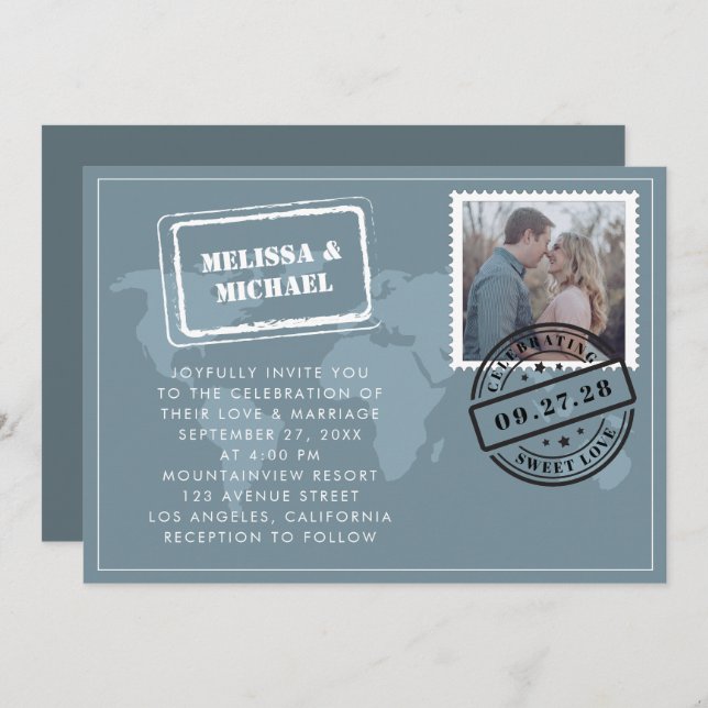 Invitation Dusty Blue World Map Destination Wedding Photo (Devant / Derrière)