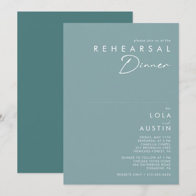 Invitation Dusty Boho | Dîner de répétition bleu et vert (Devant / Derrière)