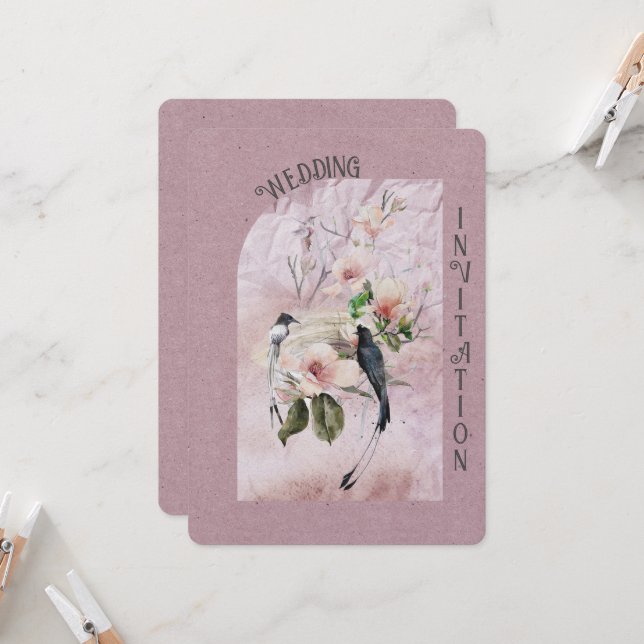 Invitation Dusty Bourgogne Magnolia Blossoms and Bird Mariage (Devant/Arrière en situation)