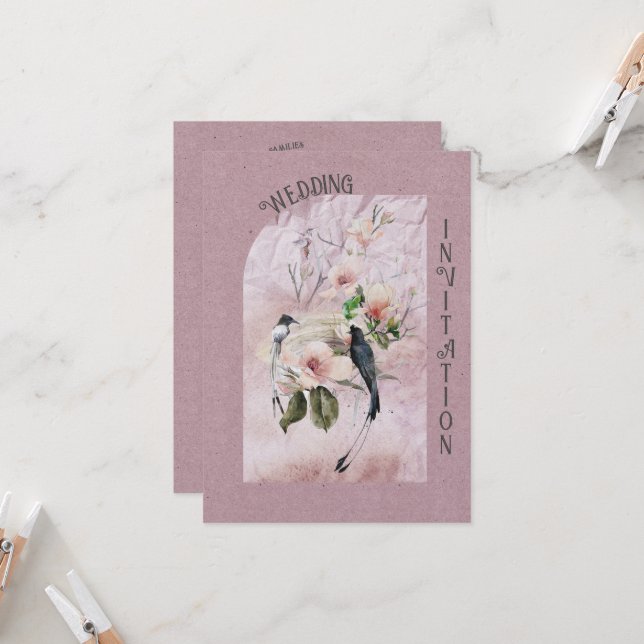 Invitation Dusty Bourgogne Magnolia Blossoms and Bird Mariage (Devant/Arrière en situation)