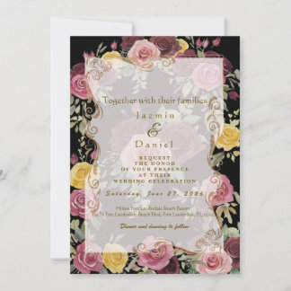 Invitation Dusty Burgundy Yellow Roses Photo Box/BlackFlat