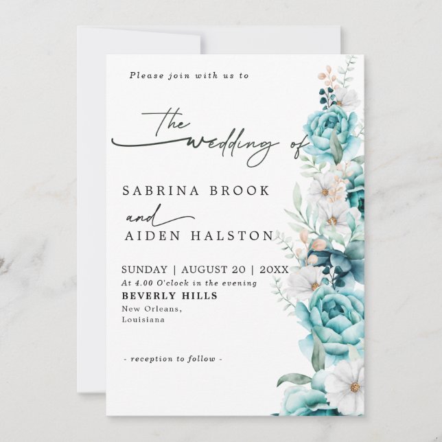 Invitation Dusty Emerald Greenery Blanc Floral Mariage (Devant)