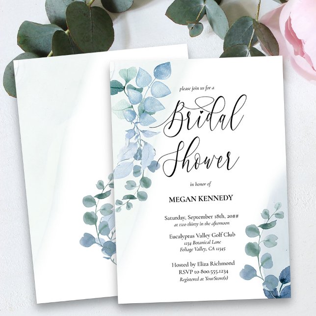 Invitation Dusty Eucalyptus Élégante Fête des mariées verdoya (Watercolor Bridal Shower Invitation with Dusty Blue Eucalyptus)