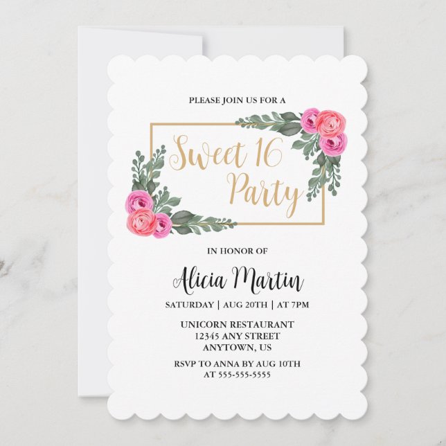 Invitation Dusty Flora Rose Rose Vert Or Sweet 16 (Devant)