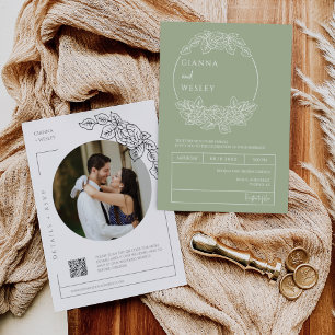 Invitation Dusty Green Botanical Line Art Boho QR Code Photo
