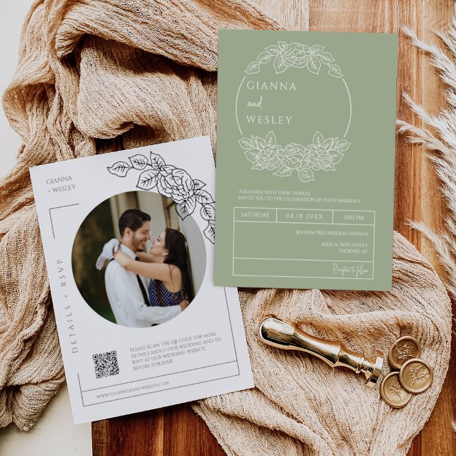 Invitation Dusty Green Botanical Line Art Boho QR Code Photo (Créateur téléchargé)