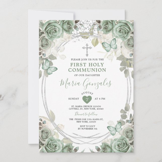 Invitation Dusty Green Floral Première Communion Sainte (Devant)