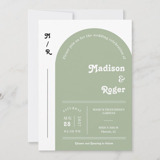 Invitation Dusty Green Retro Arch Photo QR Code RSVP Super (Devant)