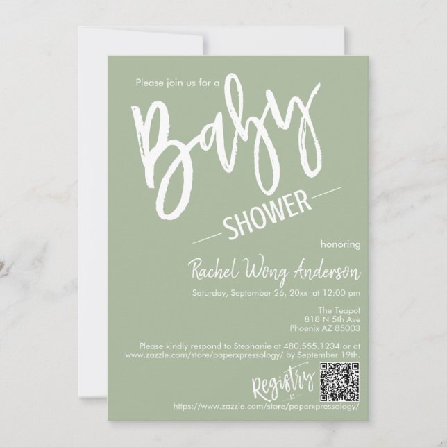 Invitation Dusty Green Script Baby shower QR Code Photo (Devant)