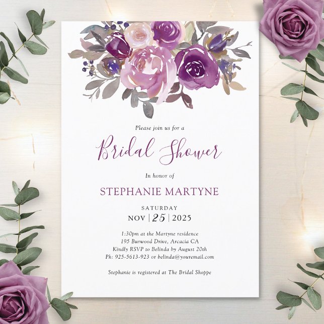 Invitation Dusty Mauve Purple Blush Fête des mariées botaniqu (Créateur téléchargé)