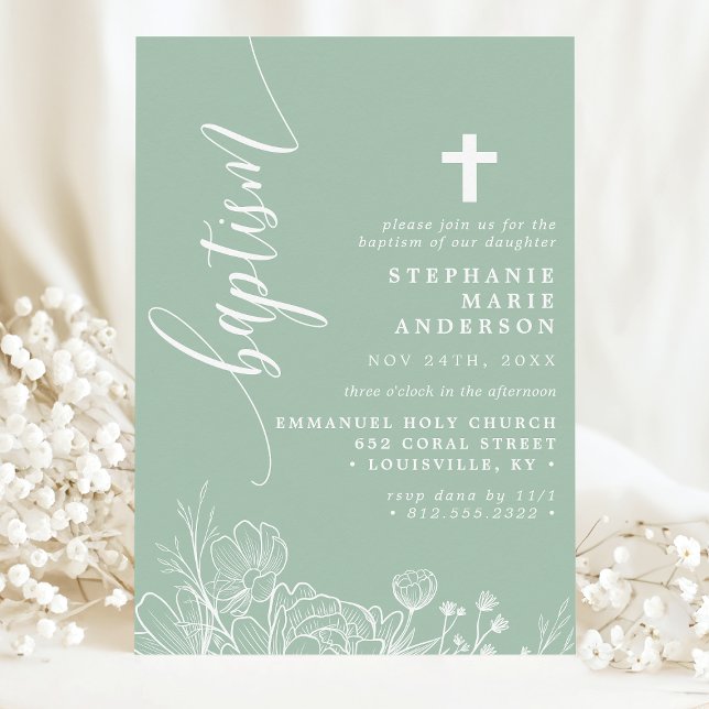 Invitation Dusty Mint Blanc Floral Élégant Script Baptême (Créateur téléchargé)