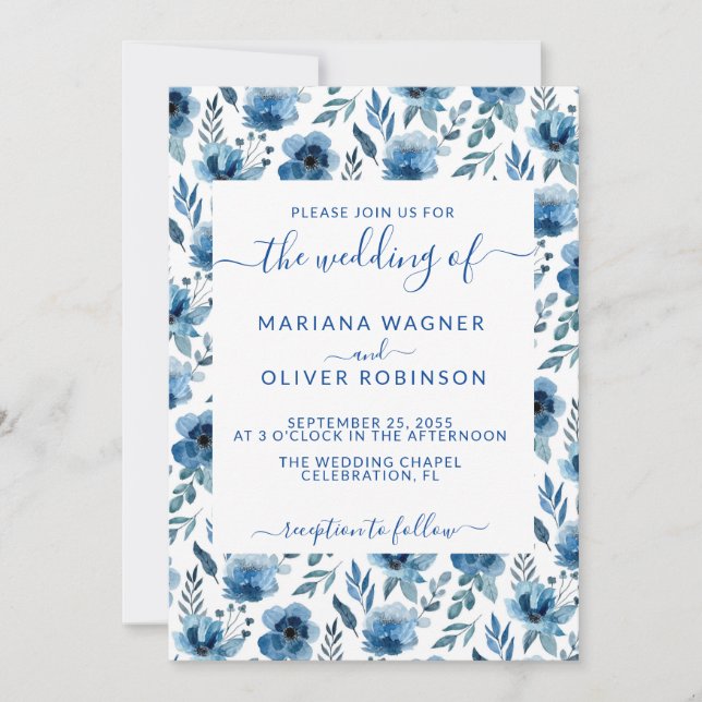 Invitation Dusty Navy Bleu Simple Floral Élégant Script Invit (Devant)