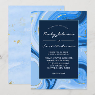 Invitation Dusty Navy Blue Gold Agate Mariage d'aquarelle
