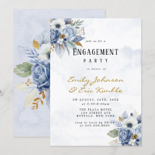 Invitation Dusty Navy Blue Gold Peony Engagement Party Invita