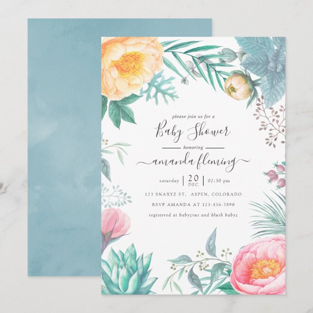 Invitation Dusty Pastel Baby shower d'été tropical floral (Devant / Derrière)