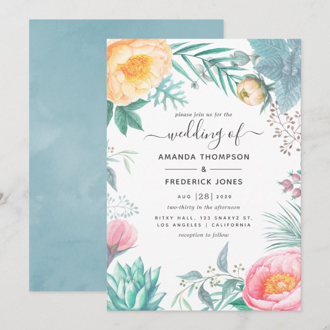 Invitation Dusty Pastel Tropical Floral Mariage d'été (Devant / Derrière)