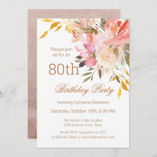 Invitation Dusty Peach Watercolor Floral 80e fête d'anniversa