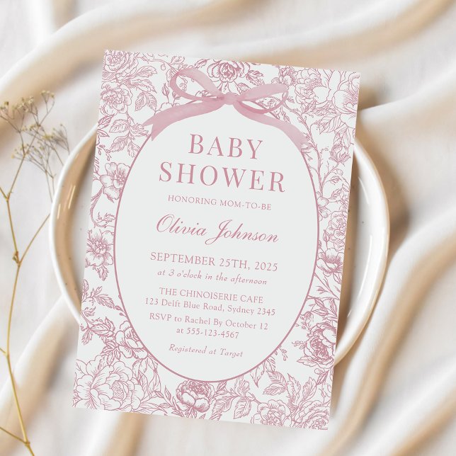 Invitation Dusty Pink Bow Chinoiserie Baby shower Floral (Créateur téléchargé)