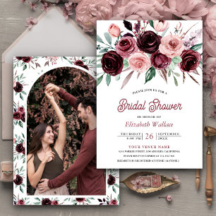 Invitation Dusty Pink Burgundy Floral Photo Fête des mariées