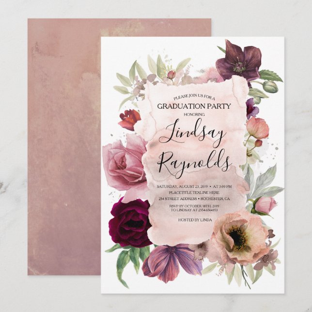 Invitation Dusty Pink et Bourgogne Floral Graduation Party (Devant / Derrière)