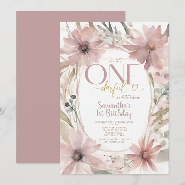Invitation Dusty Pink Flowers n'est-elle pas merveilleux anni (Devant / Derrière)