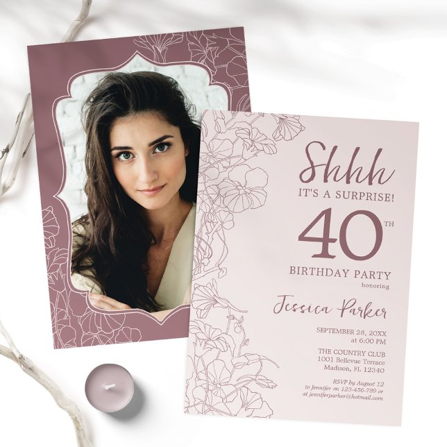 Invitation Dusty Pink Mauve Photo Surprise 40e anniversaire (Créateur téléchargé)