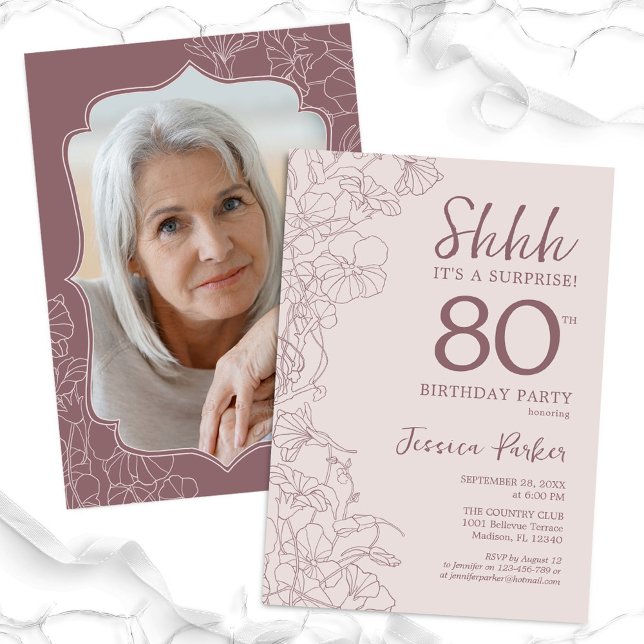 Invitation Dusty Pink Mauve Photo Surprise 80e anniversaire (Créateur téléchargé)