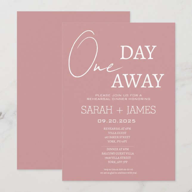 Invitation Dusty Pink Minimal Un Jour Avant Le Dîner De Répét (Devant / Derrière)