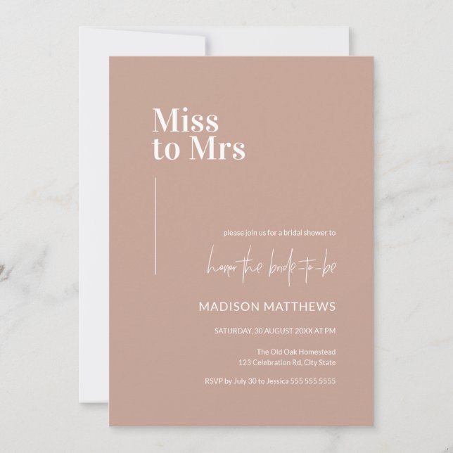 Invitation Dusty Pink Minimalist Miss à Mme Fête des mariées (Devant)