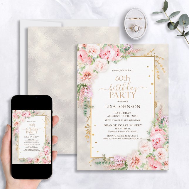 Invitation Dusty Pink Peony Floral Gold Shimmer 60e anniversa (Créateur téléchargé)