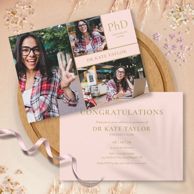 Invitation Dusty Pink PhD Degré 3 Photo Graduation Party (Dusty Pink PhD Degree 3 Photo Graduation Party Invitation)