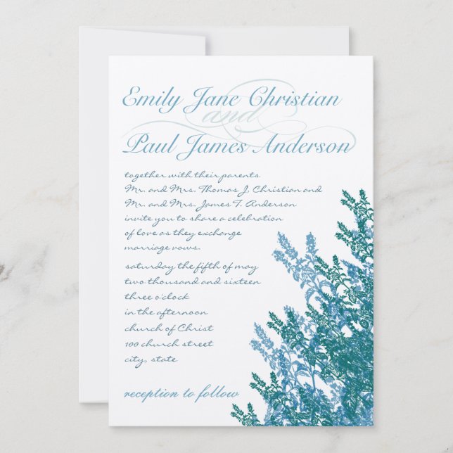 Invitation Dusty Placid Blue et Turquoise Wild Flower Mariage (Devant)