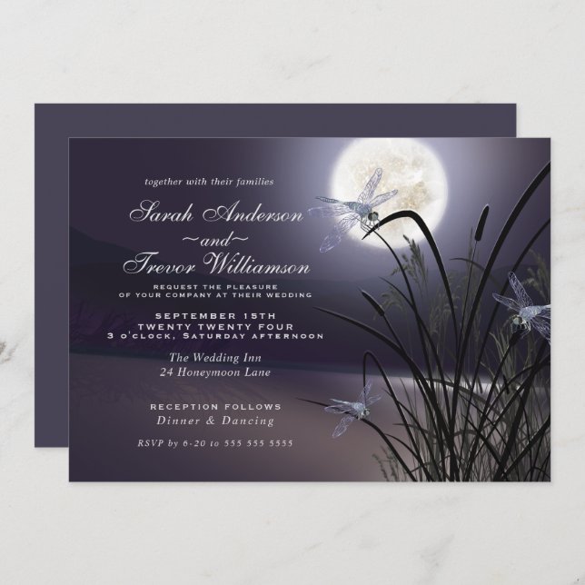 Invitation Dusty Plum Mariage Pleine lune dragonfly Pond (Devant / Derrière)